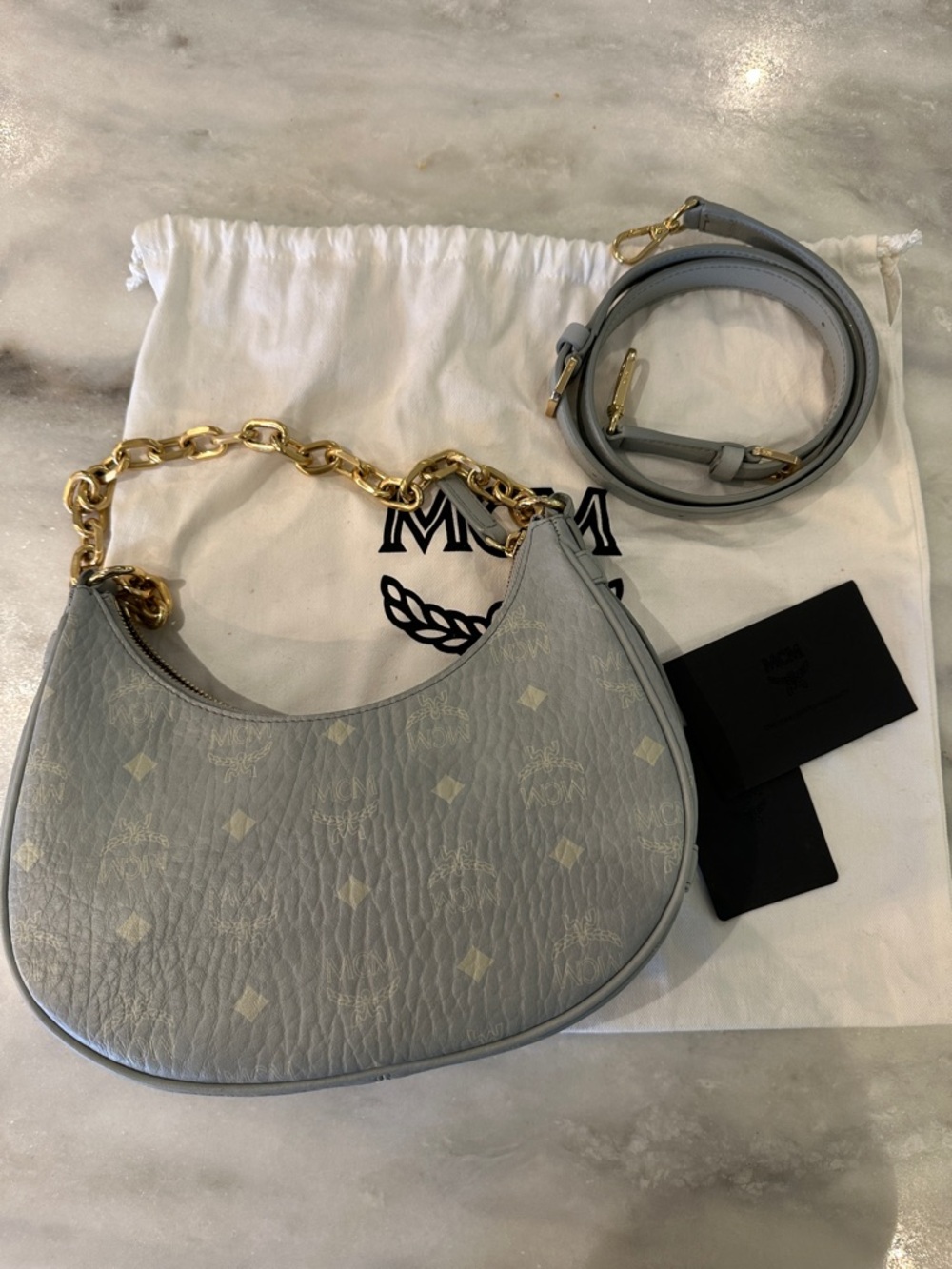 MCM Aren Crescent Shoulder Bag Misty Gray Visetos